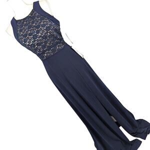 NWT@$109! NIGHTWAY! FULL LENGTH NAVY BLUE LACE, CHIFFON & NUDE MAXI DRESS! SZ 10